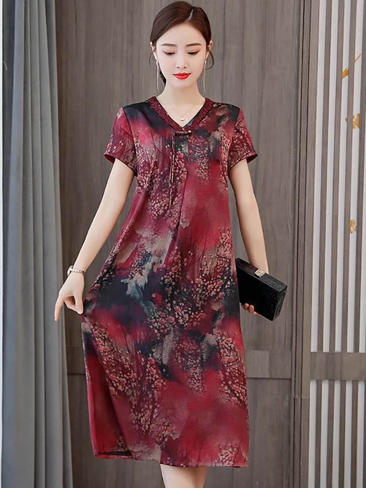 

Women Red Floral Silk Short Sleeve V-Neck Midi Dress Summer Fashion Chic Luxury Elegant Dress 2023 Korean Vintage Bodycon Dress