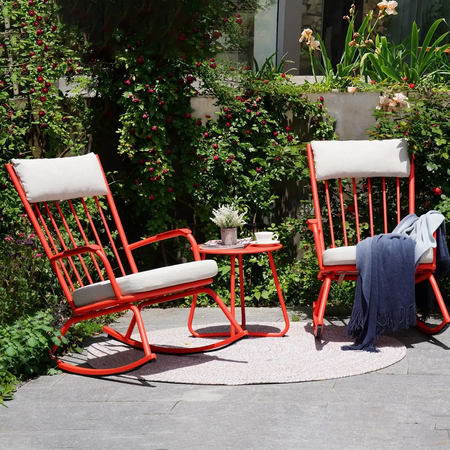 

3-PieceOutdoor Rocking Chair Set, Steel Rocking Chairs with Cushions and 18-inch Small Round Side Table, Outdoor Bistro Set for