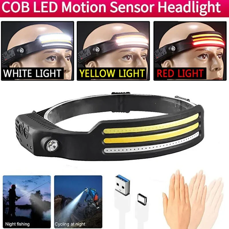 Motion Sensor Headlamp COB LED Head Lamp with Built-in Battery Flashlight USB Rechargeable Head Lamp Portable Head Light