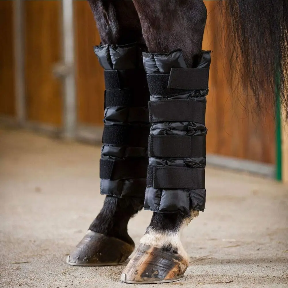 Bota de gelo preto para cavalos, guarda perna, ajustável, reutilizável, gelo frio Pack, almofada de resfriamento, protetor equestre