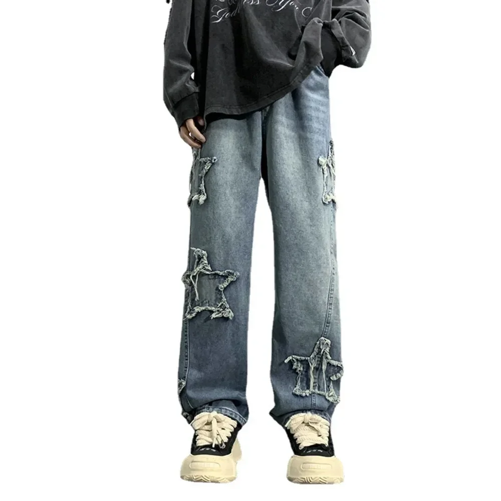 Star Embroidery Jeans Men Loose Casual Straight Hip-hop Wide Leg Denim Trousers 2024 Fashion New Men Baggy Jeans Pants Y2K