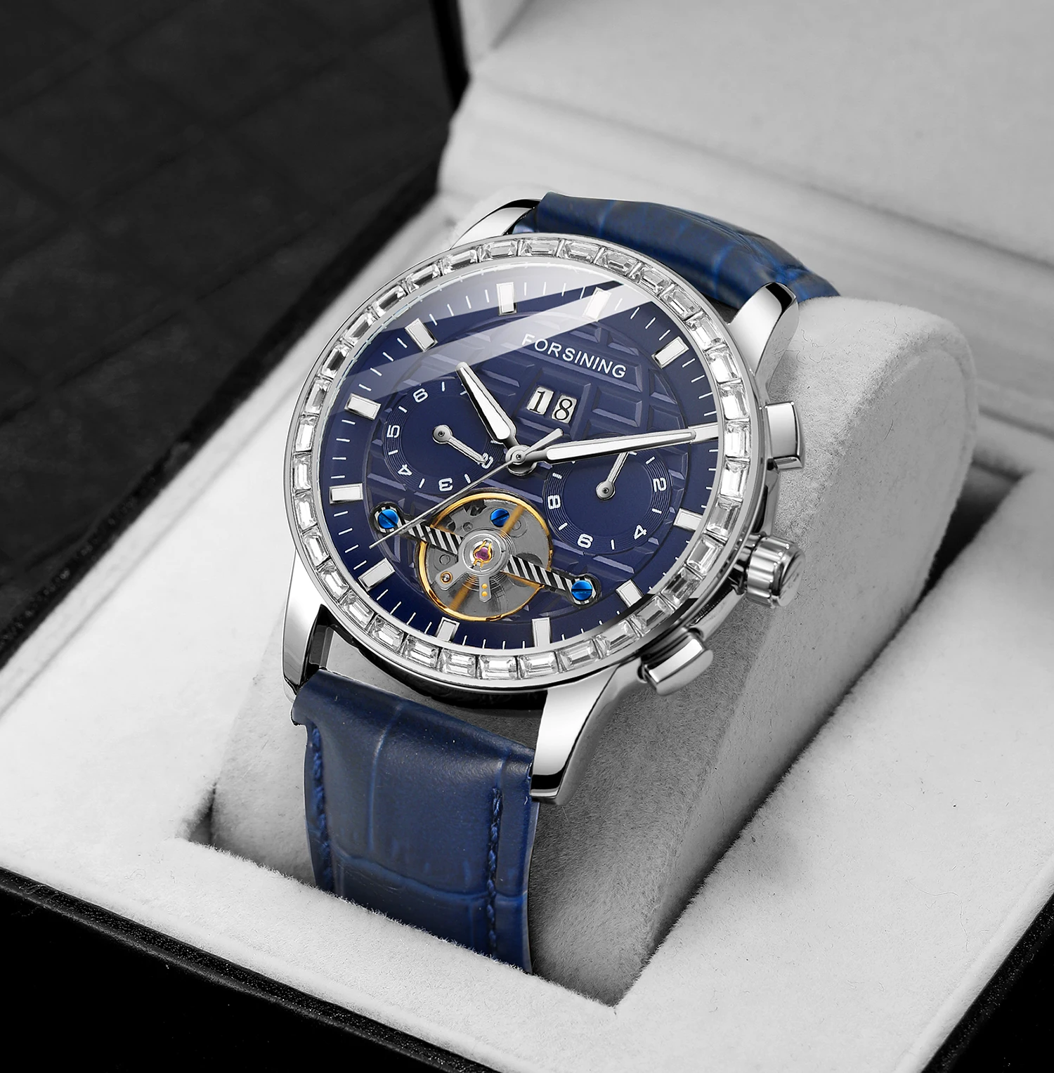 

FORSINING New Mens Watches Top Brand Luxury Automatic Fashion Blue Genuine Leather Strap Tourbillion Display Calendar Wristwatch