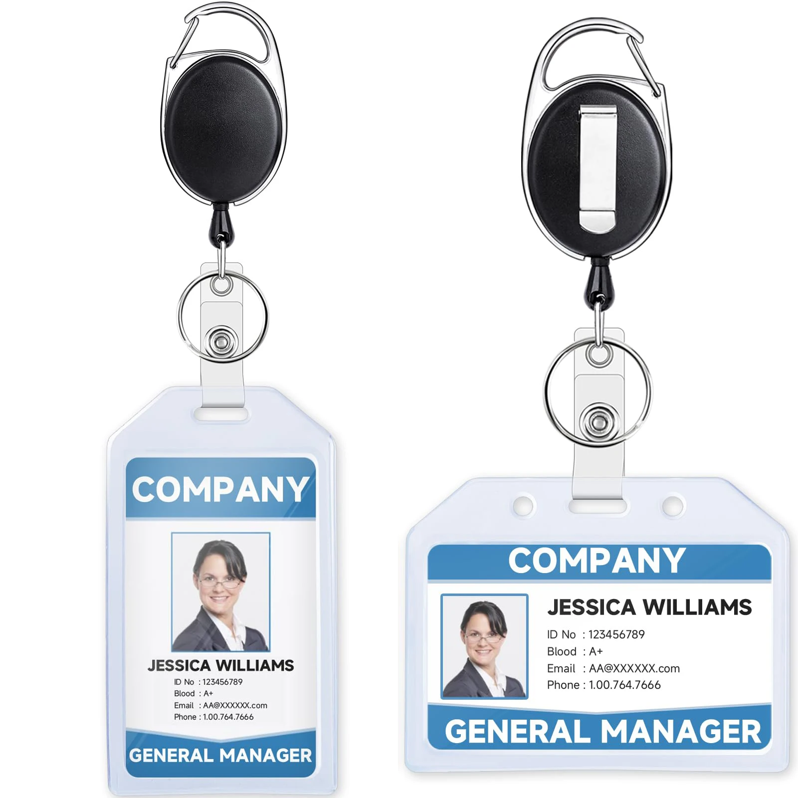 

2 Pack Heavy Duty Retractable Badge Holders with Carabiner Reel Clip and Extra Thick Clear Name Tag ID Card Holders Vertical