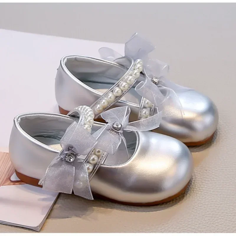 

Girls Princess Shoes Spring Autumn New Rhinestone PU Leather Shoes Fashion Soft Sole Bow Pearl Mary Jane School Student Loafer