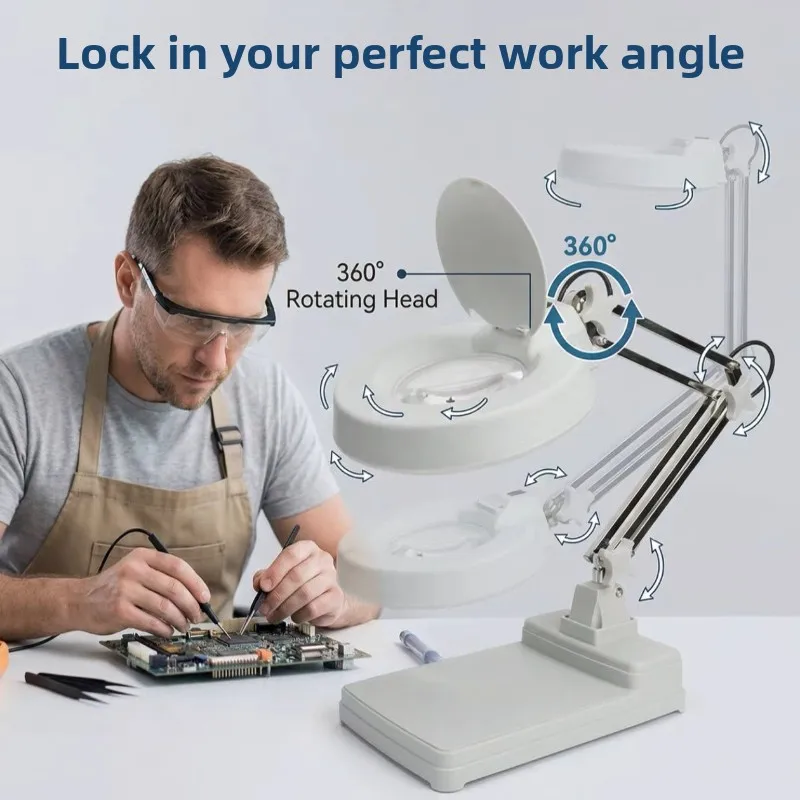 JZD LED Desk Magnifier Lamp 5X 10X 20X HD High Magnification Folding Workbench Light for Seniors Phone Repair