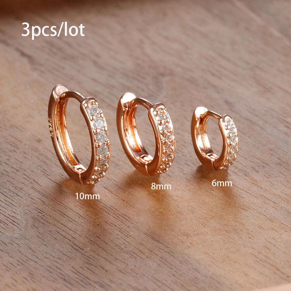 3pc Set Simple Stainless Steel Crystal Small Hoop Earrings