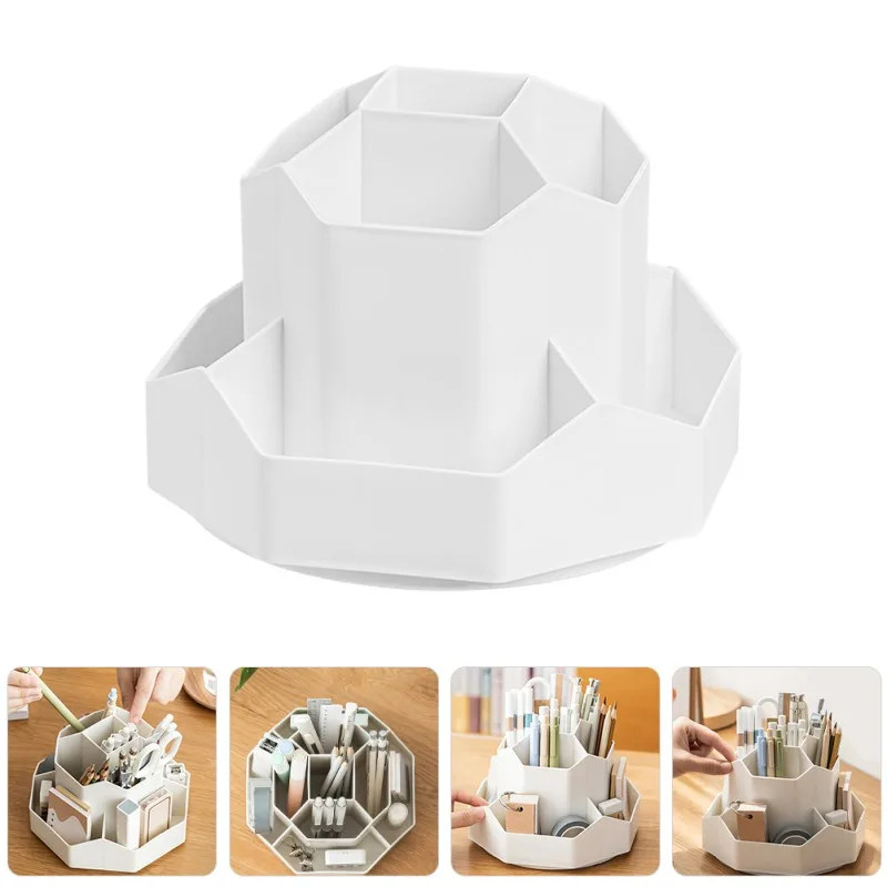 360° Rotatable Desk Pen Holder Pencil Storage Box Grids Large Capacity Pen Stand Makeup Brushes Bucket Stationery Organizer