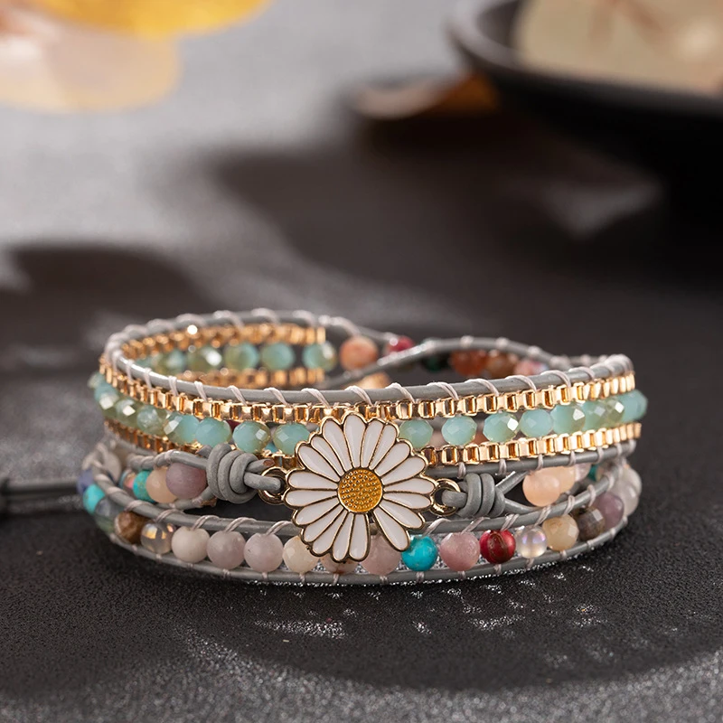 Natural Stone Small Daisies with Turquoise Bracelet Three-layer Color Braided Bracelet Winding Bead Bracelet for Women Girl