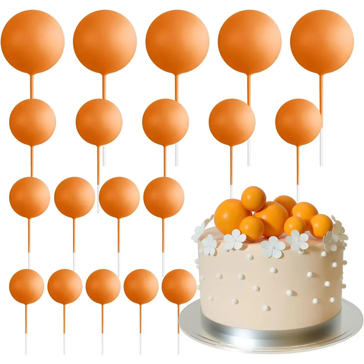 20pcs Ball Cake Topper Decorations Mini Balloons Cake Topper Sticks Orange Balls for Wedding Birthday Aniversary Cake Decoratio