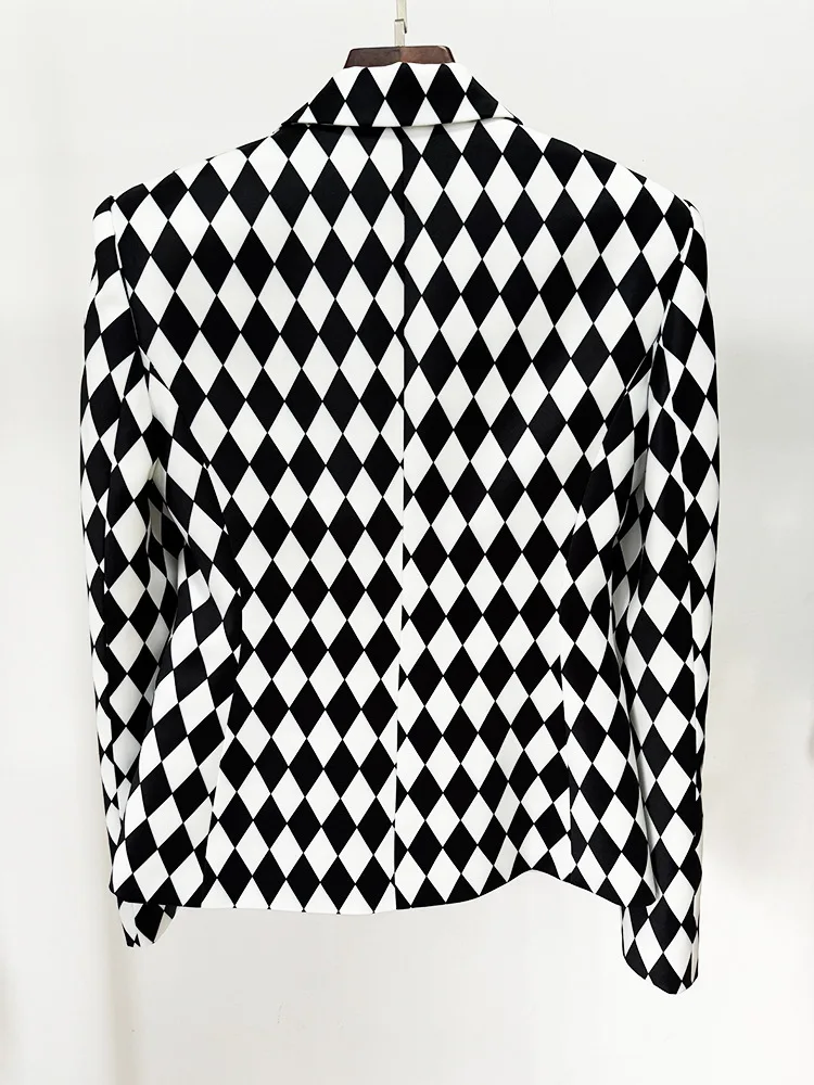 New European and American celebrity runway women\'s jacket diamond grid black and white grid slim fit double breasted suit jacket