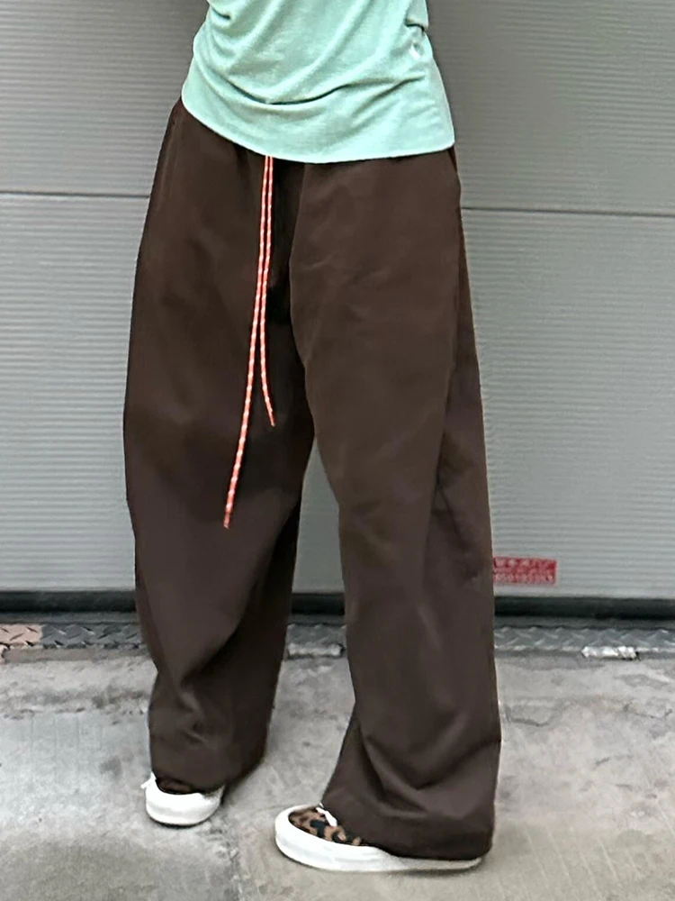 PBAP sznurkiem jednolita, na co dzień szerokie spodnie damskie kieszenie w pasie bawełniane podkowy spodnie oversize Vintage Y2k Streetwear