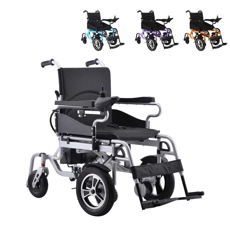 Inexpensive electric wheelchair with large front wheels and front-drive model for disabled people.