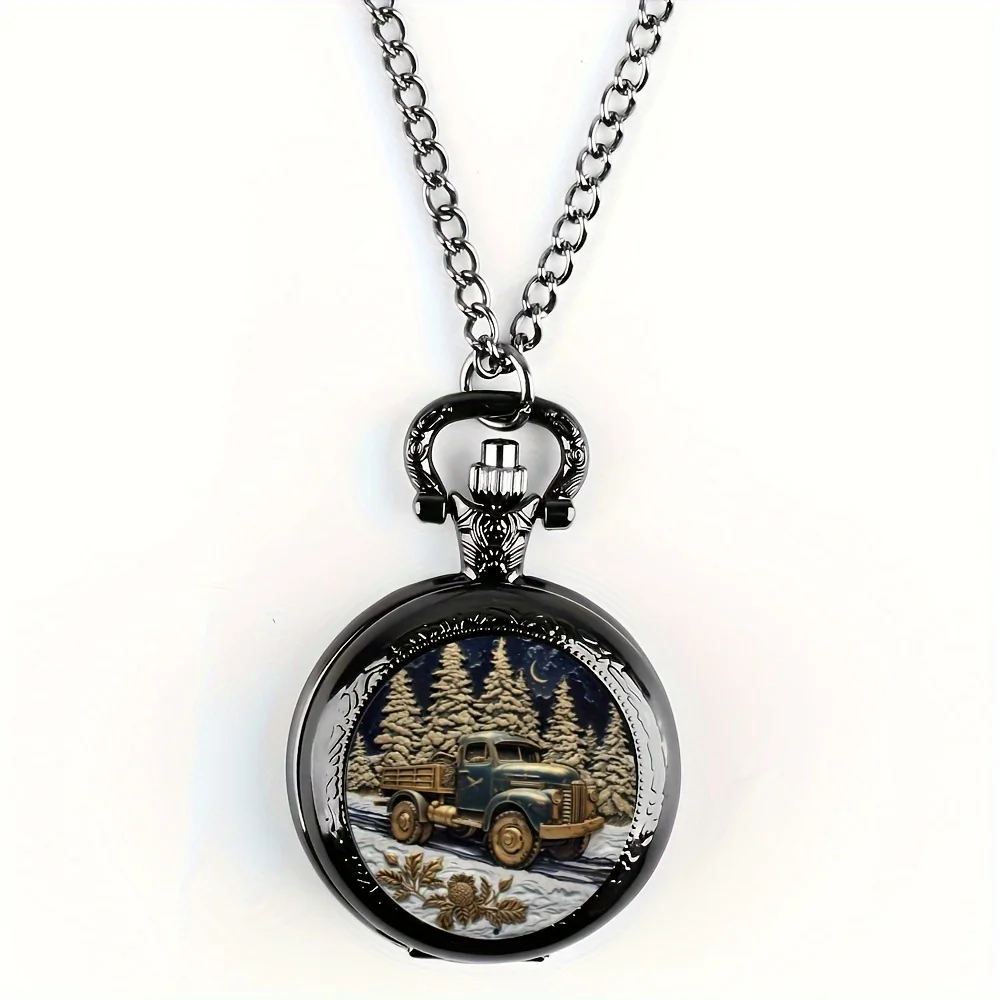 Vintage Unique Forest Truck Design Necklace Pendant Quartz Pocket Watch, Exquisite Accessory Great Watch for Men Women and Kids