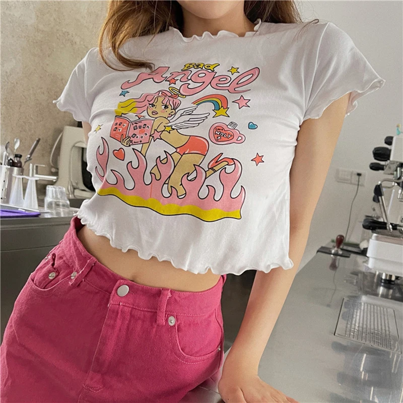 Women T shirt Angel Girl Letter Shirt Female Wood Ear Neck Short Sleeve Fashion Print 2022 Summer Streetwear Hot Girl Top