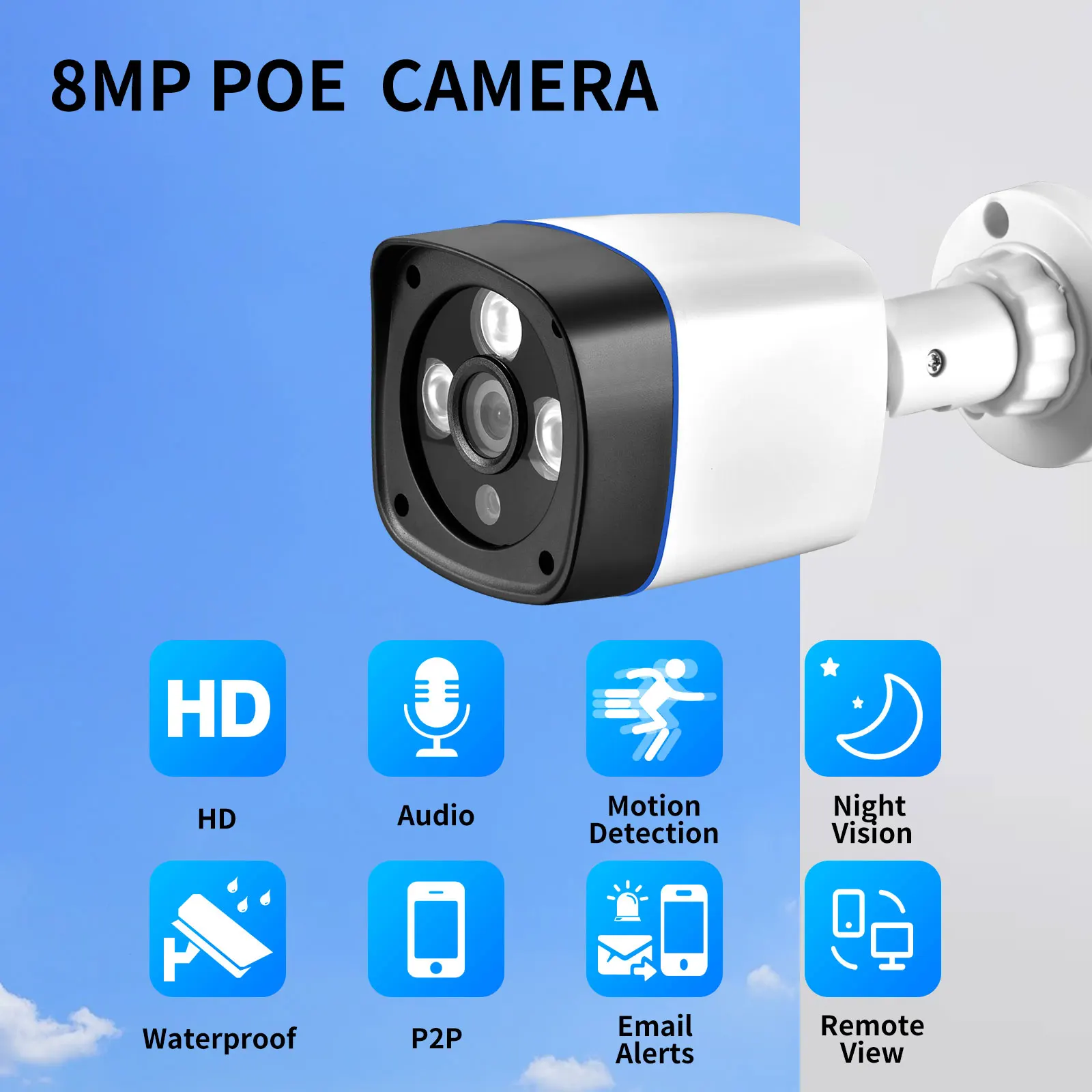 AZISHN Outdoor Waterproof Motion Detection 8MP 48V POE Security Bullet Camera CCTV IP Camera