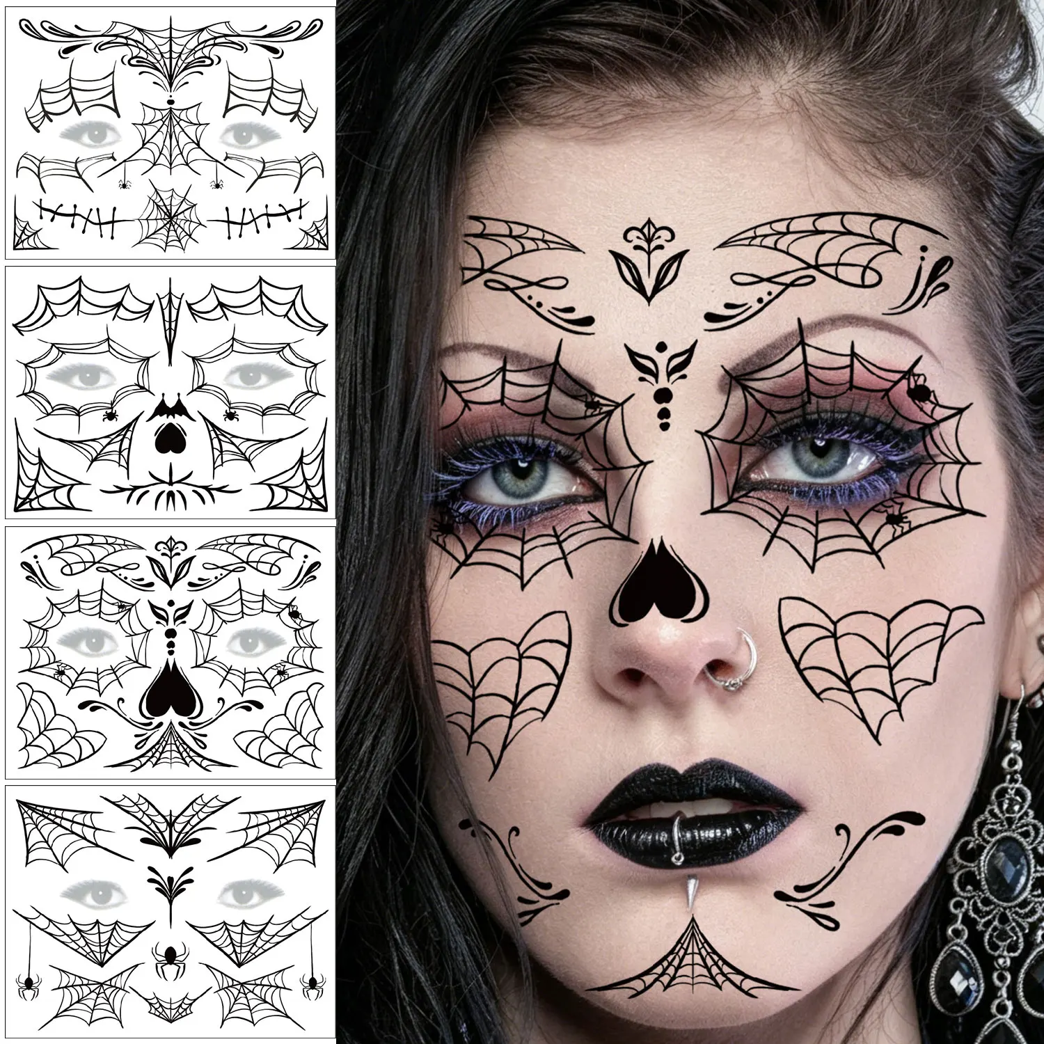 4 Sheets of Halloween Face Tattoo Stickers, Spider Web Theme, Temporary Face Makeup Fake Tattoo Stickers, Suitable for Halloween Party Role-Playing