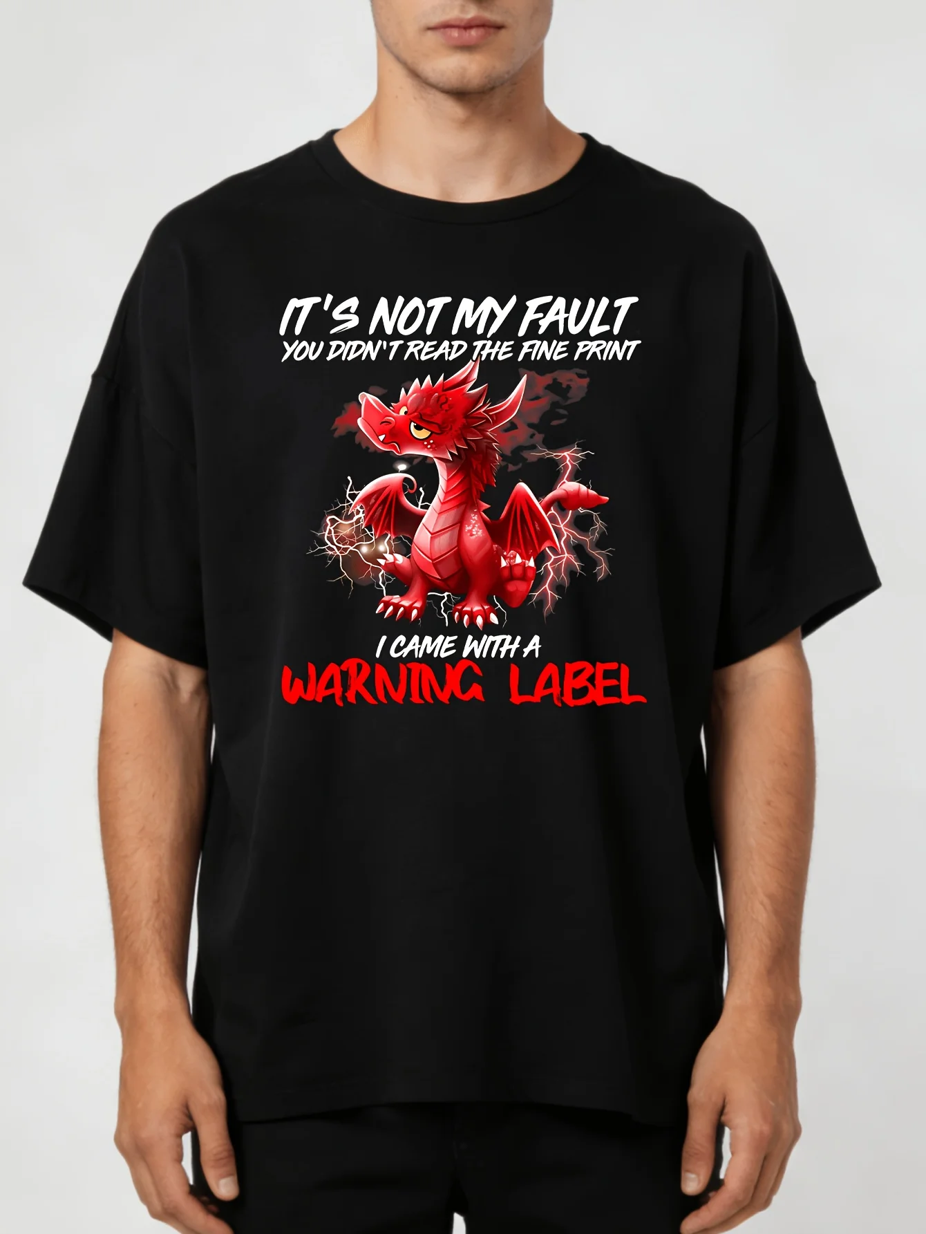 2026 Best Choice: Humorous Red Dragon Caution Label T-Shirt - It'S Not My Responsibility That You Overlooked The Details, Black