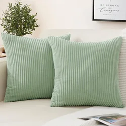 Sage Green Decorative Throw Pillow Covers 18x18 Inch Soft Corduroy Striped Square Cushion Cases Modern Farmhouse Boho Home Decor