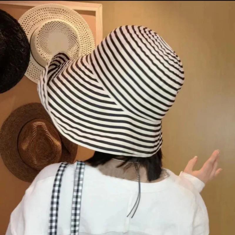 Fashion Wide Brim Foldable Striped Fisherman Hat Windproof Anti‑UV Breathable Sun Cap For Summer Outing Beach