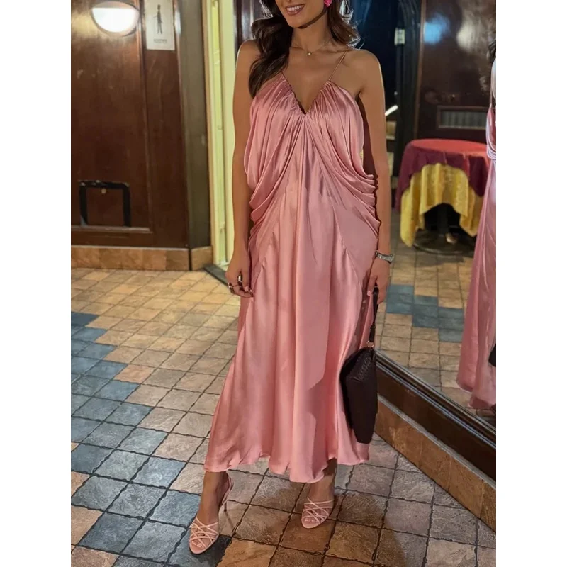 Robe longue en Satin rose élégante, dos nu, décolleté en V profond, bretelles Spaghetti, robe de soirée d'été Chic, drapée, adaptée aux Occasions formelles