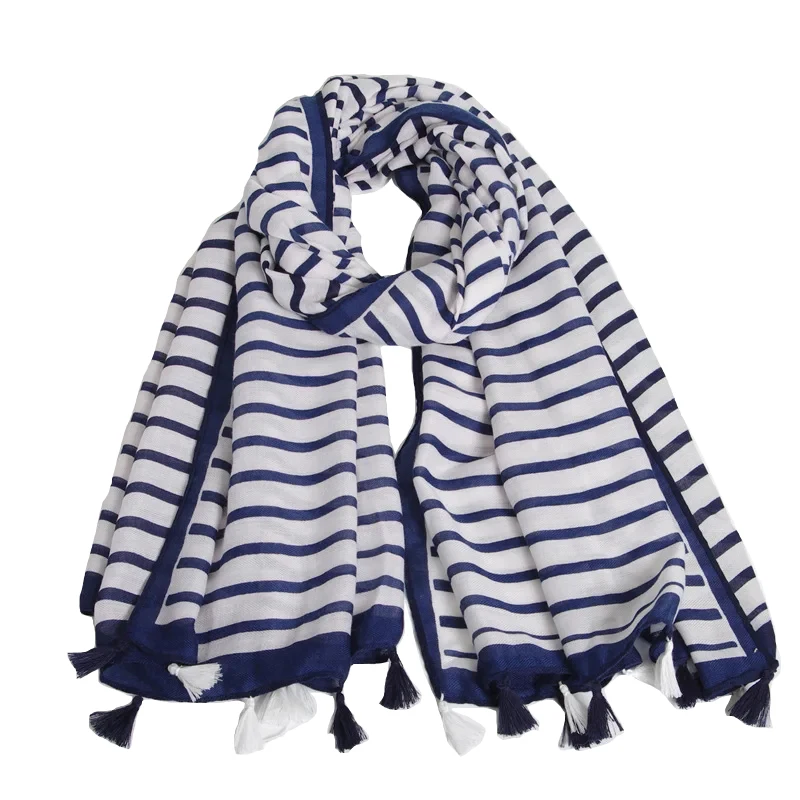 2018 Fashion Cotton Stripe Pattern Tassel Scarves And Shawls Stripe Wrap Hijab Muffler Beach Scarf 2 Color