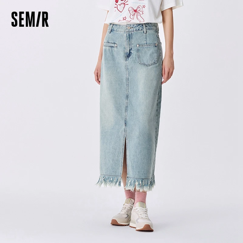 Semir Denim Skirt Women Distressed Trendy Personality Trendy Cool Autumn Street Retro Style Frayed Edge Slit Straight-Leg Skirt