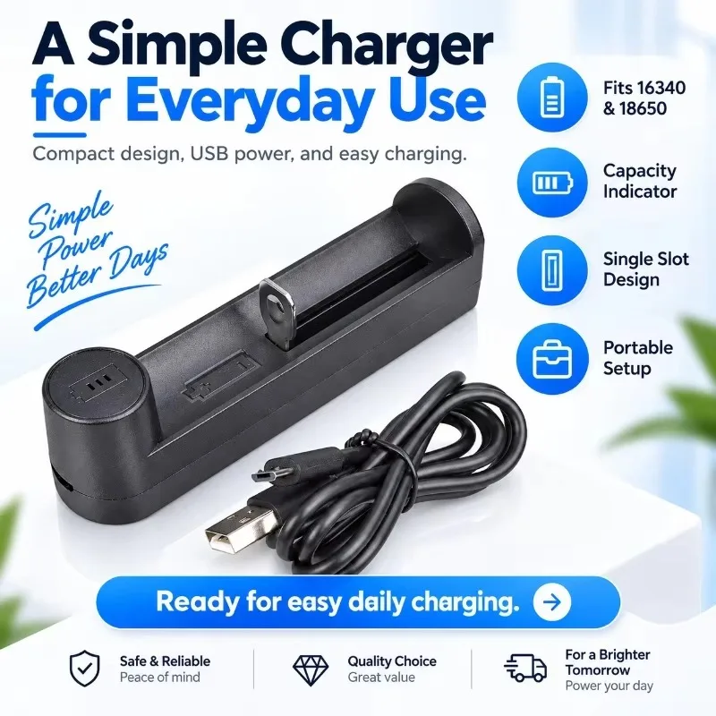 Single Slot USB Battery Charger Portable Mini Charger Power Display for 18650 16340 Lithium Rechargeable Battery