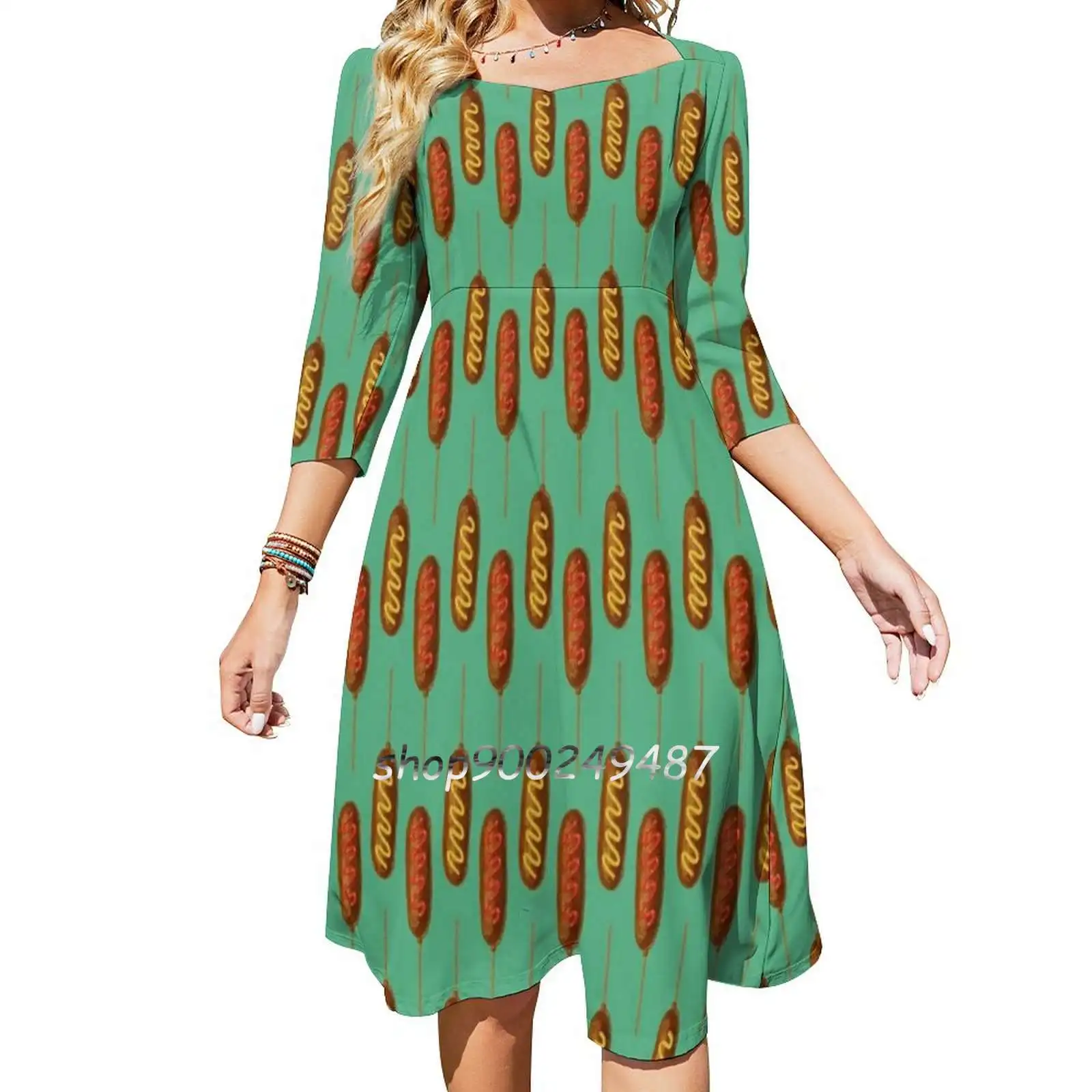 Corn Dogs Square Neck Dress Cute Loose Print Dresses Elegant Beach Party Dress Corn Dogs Corndogs Corndog Corn Dog Hotdog Snack