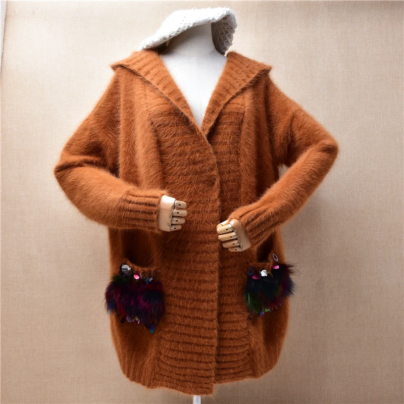 

Female Women Fall Winter Medium Long Hairy Mink Cashmere Knitted Hooded Sequins Loose Cardigans Mantle Angora Fur Sweater Coat