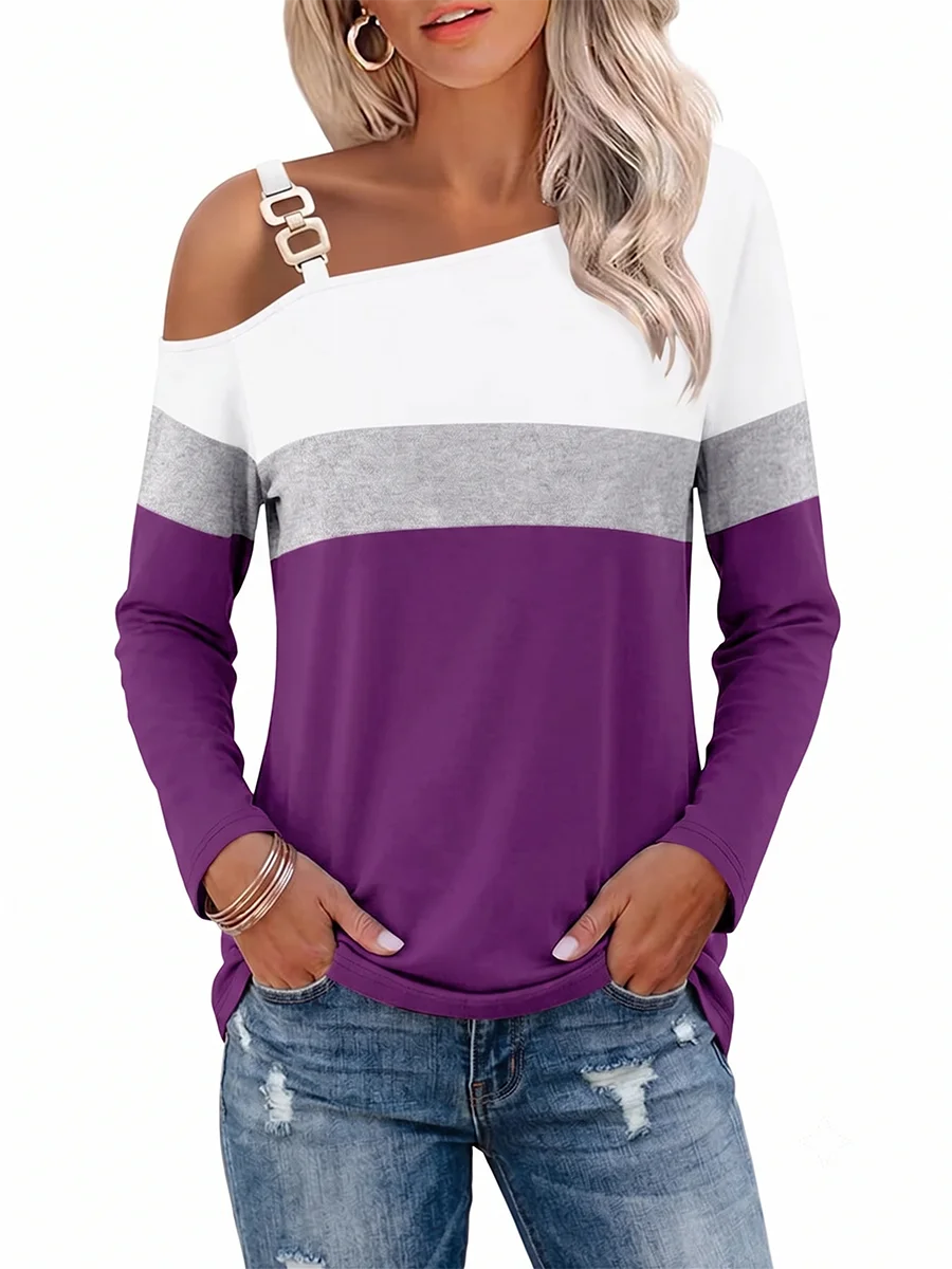 Latest Plus Size Women Autumn Winter Long Sleeve T-shirts Off Shoulder Color Block Casual Loose Blouse Pullover Tops Female