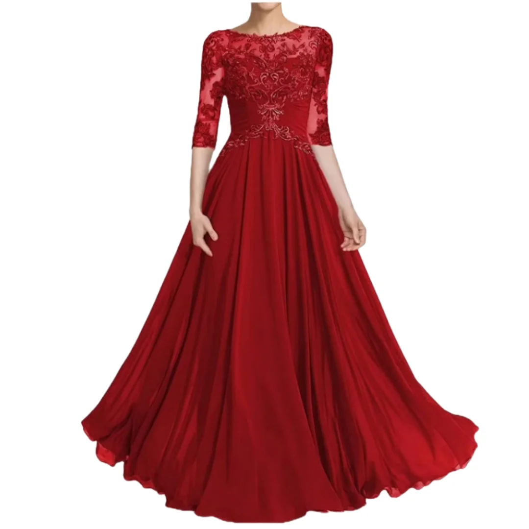 

Ruby Red 3/4 Sleeve Floor-Length Gown with Lace Bodice and Illusion Neckline Long Mother of the Bride or Groom Dress Weddings