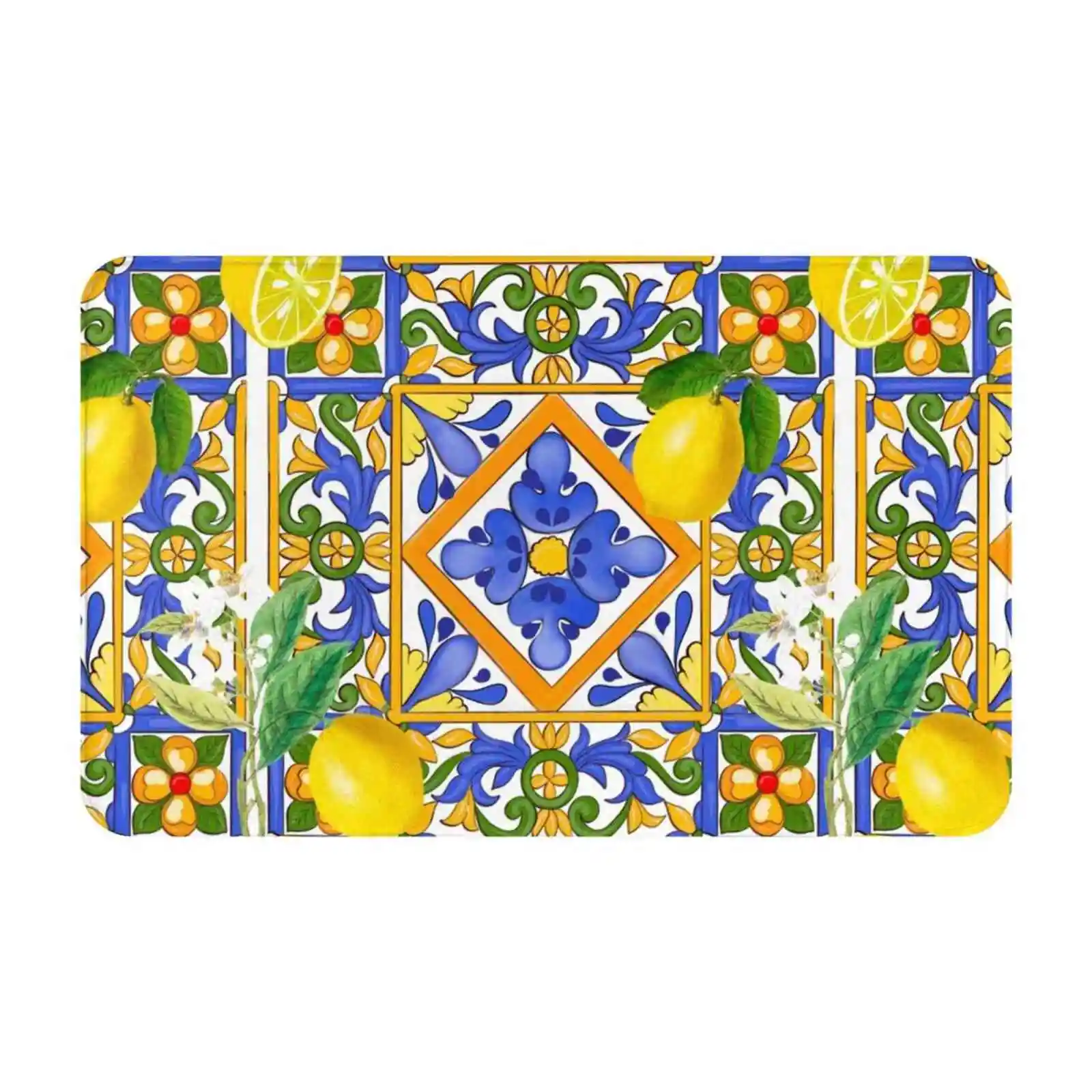 Summer , Sicilian Tiles , Citrus , Oranges , Majolica , Lemons , Mediterranean Soft House Family Anti-Slip Mat Rug Carpet