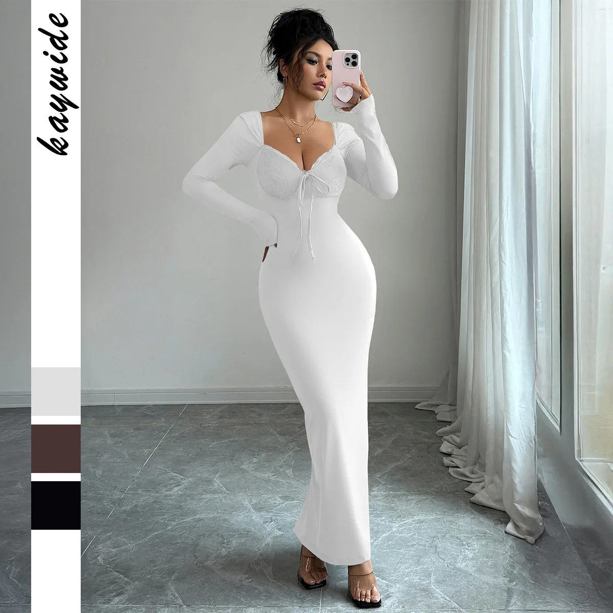 

Стильное элегантное однотонное кружевное облегающее платье, женская мода 202, осень-зима