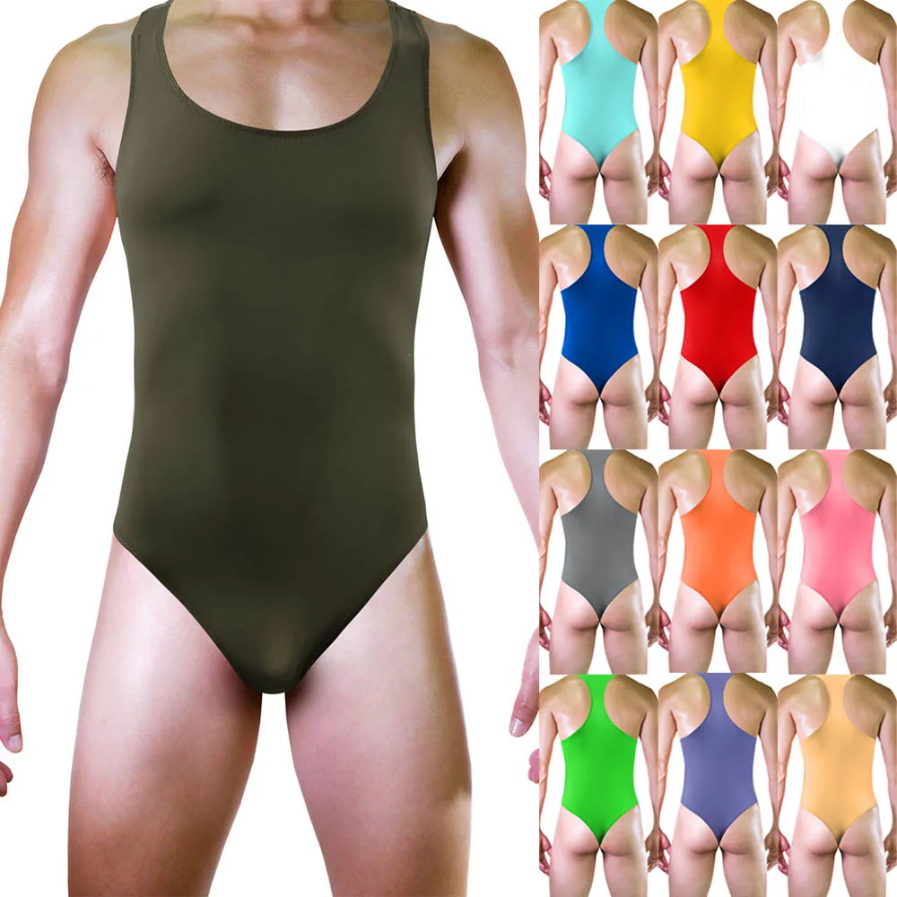 

1pc Fashion Mens Ice Silk Sleeveless Singlets Jockstrap Pouch Thongs Bodysuit Jumpsuit Underwear Tank Tops Man