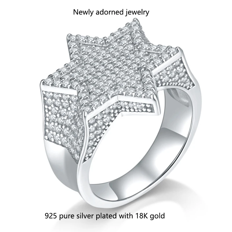 

A European and American hip-hop pure silver ring with full moissanite diamonds, featuring a five-pointed star design, Cuban styl