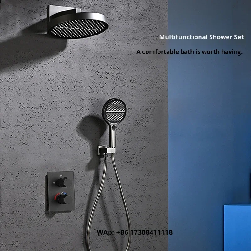 Thermostatic Concealed Shower Set All-Copper Matte Black Pre-embedded Hotel Shower Head Rainfall Spray Multi-function Boosting