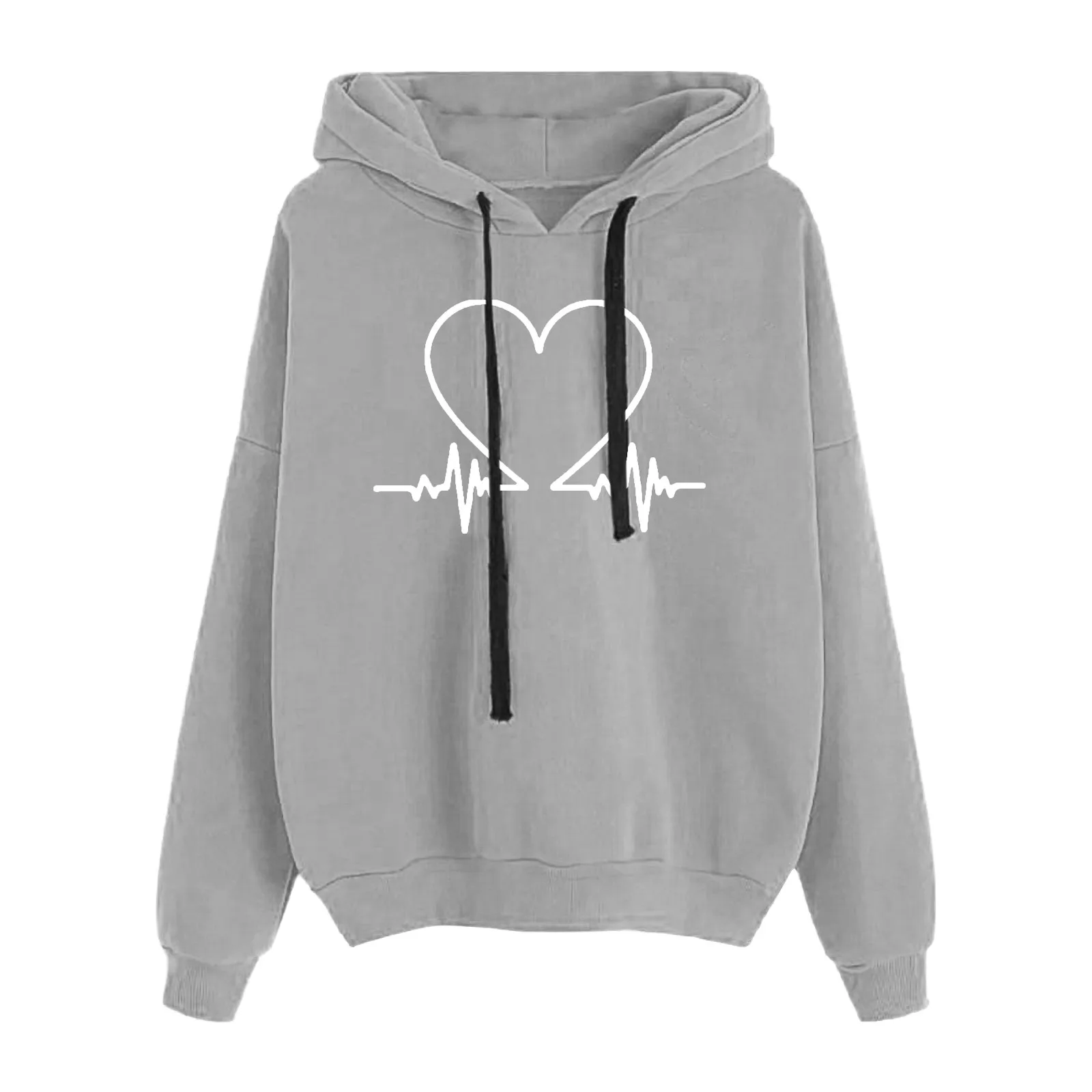 Womens Hoodies Love Heartbeat Print Hooded Sweatshirt Valentine\'S Day Loose Long Sleeve Drawstrings Soft Loose Oversize Hoodies