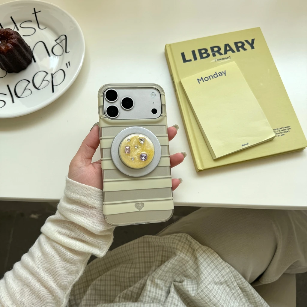 

Korean Style Yellow Stripe With Gemstone Holder Magnetic Shockproof Protective Phone Cover Case for iPhone 17 16 15 Pro Max