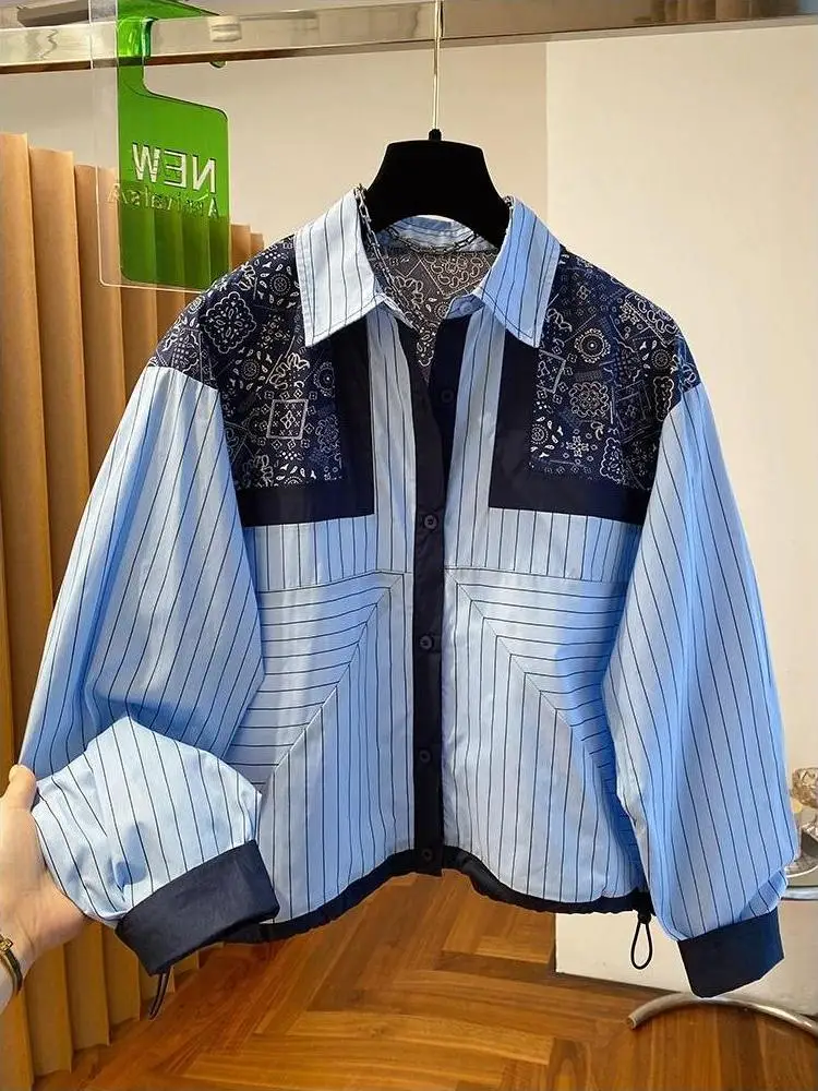 

Blue Striped Casual Long Sleeve Women's Shirt Spring Autumn Loose Fit Versatile Stylish Top Ethnic Style Cotton Blend Neck