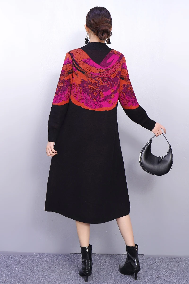 2025 Winter Elegante Frauen Casual Lose Gestrickte Gedruckt Lange Kleider Weibliche Lange Hülse Kontrast Farbe Kleid Großhandel J2101