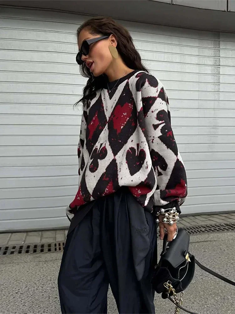 Stricken Geometrische Drucken Pullover frauen Pullover Oansatz Langarm Kontrast Nähte Pullover 2025, Herbst Winter Lose Pullover