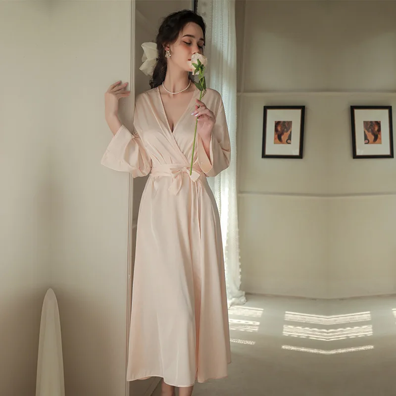 Lady Elegant Kimono Bathrobe Intimate Lingerie Silky Satin Nightwear Pink Wedding Robe Bride Moring Gown Sleepwear 2