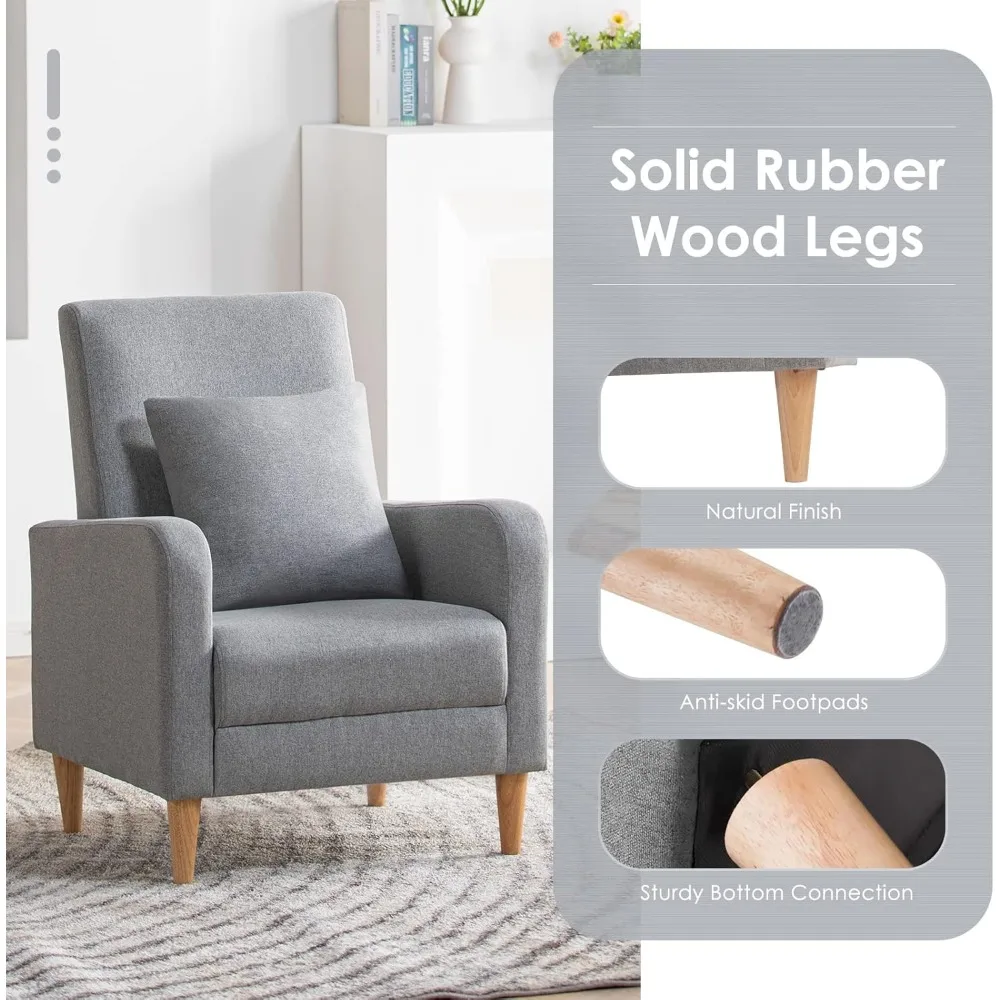 Пара мягких стульев для гостиной с подлокотниками, подушками для спины и деревянными ножками.