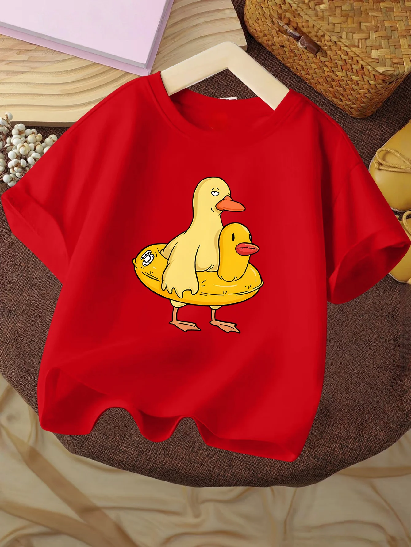 Funny Yellow Duck With Duck Swim Ring Cartoon Graphic Kids T Shirt Boys Girls Family Matching Summer Crew Neck Casual Tee
