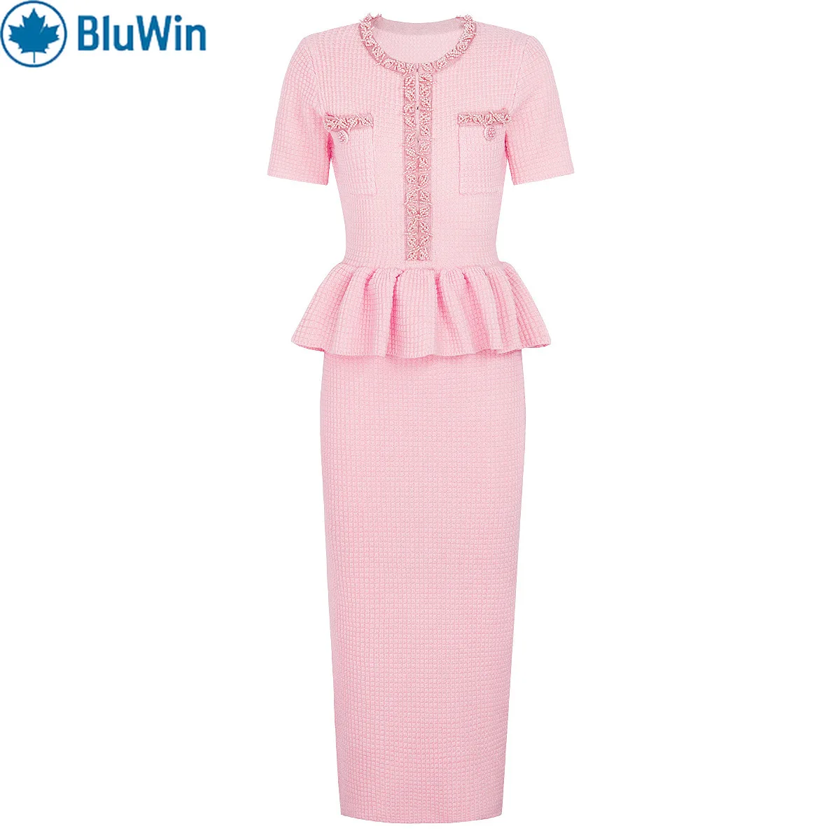 

BluWin Elegant 3Colors Beaded Knit Midi Dress Women Short Sleeve Crew Neck Waist Defining Office Dinner