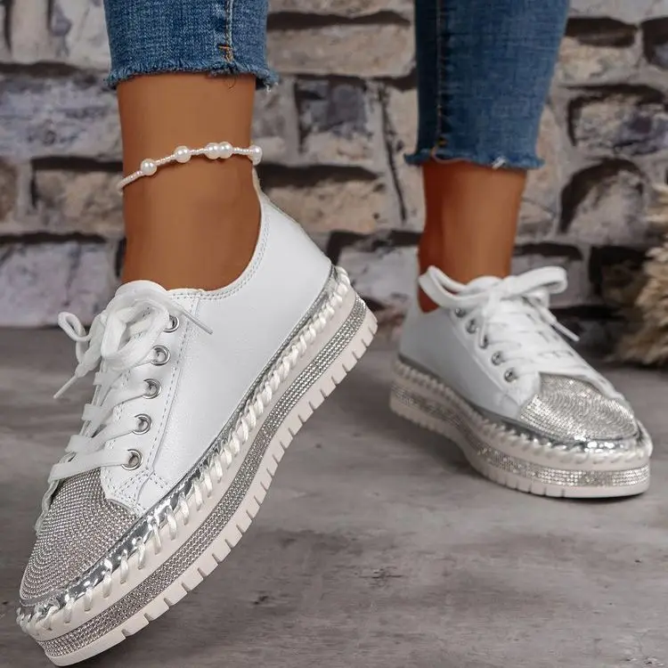 Shoes for Women Sneakers Plus Size 35-44 Crystal Thick Soles Casual Rhinestones PU Walking Flats Thick Bottom Lace Up Shoes