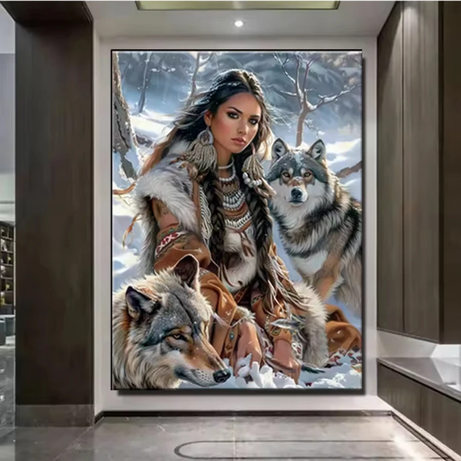 5D Diamond Painting featuring an Indian Woman and a Wolf, DIY Handcrafted Diamond Embroidery Kit for Home Décor