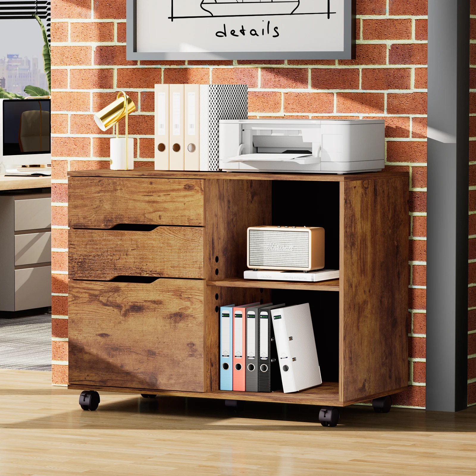 

JHK угловой настольный шкаф с 3-мя выдвижными ящиками, деревянный органайзер с колесиками, регулируемая полка для хранения, витрина, мебель