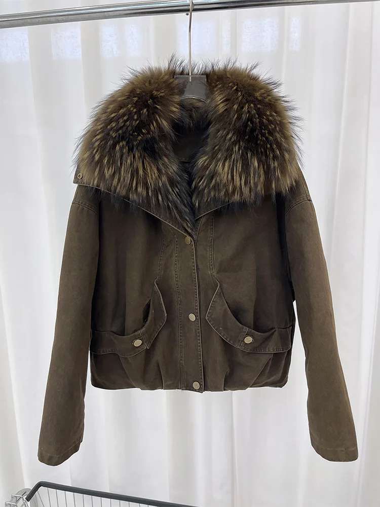 2025 نساء شتاء دافئ الطبيعية الراكون الفراء طوق أوزة أسفل السترات معطف سميك ملابس خارجية غير رسمية الإناث سترات منتفخة #5