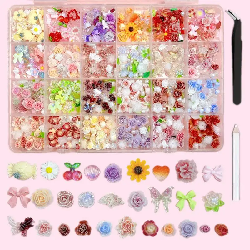 1Box Multiple Styles Butterfly Flowers Nail Charms with White Pearls Fresh Green Leaf Nail Art Decorations Accessories DIY Nail